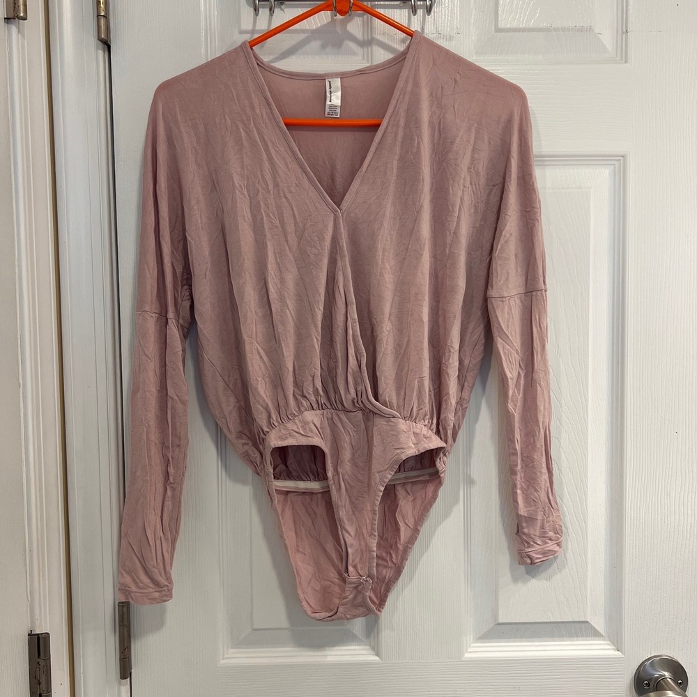 American Apparel Pink Long Sleeve Wrap Bodysuit Snap Closure Womens Size XS